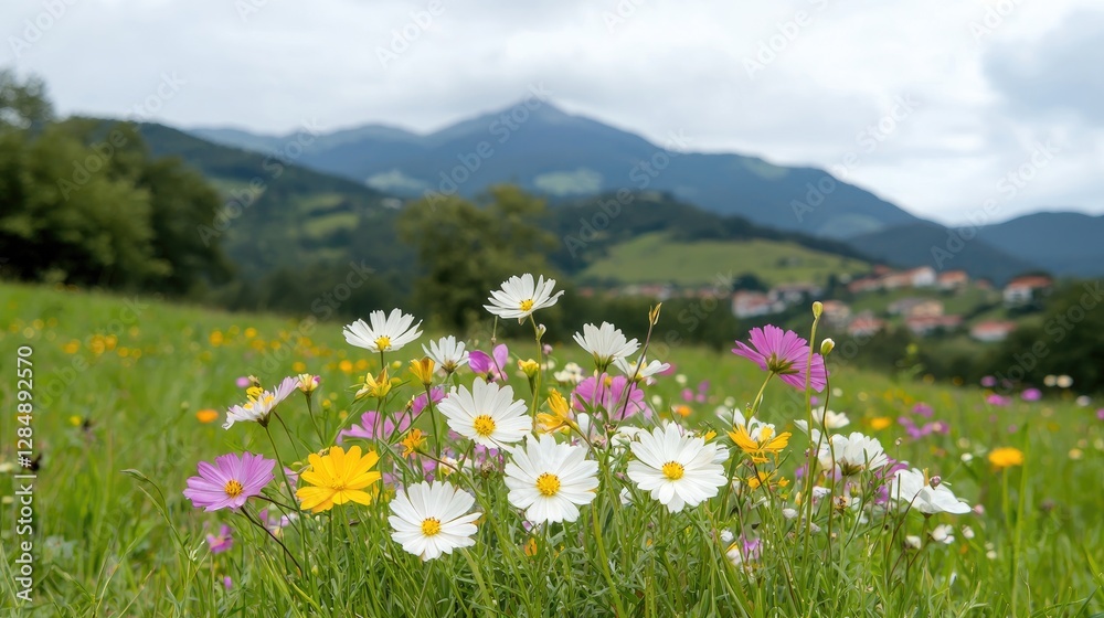 Obraz premium Colorful flowers in meadow with mountains in background