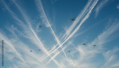 Contrails in the sky from multiple airplanes, showcasing air travel, movement, and the vast blue skies