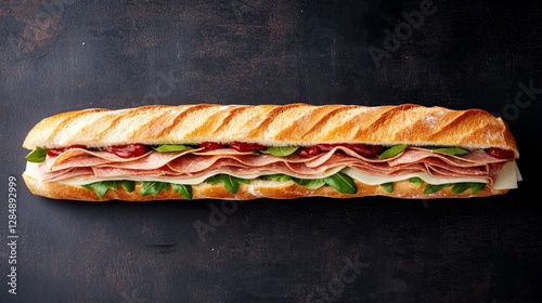 Giant Salami and Cheese Sub Overhead Shot, Long Baguette, Italian Meats, Dark Background Sub Sandwich, Italian Cuisine