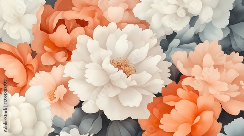 A beautiful collection of peony flowers in soft hues of white, peach, and gray