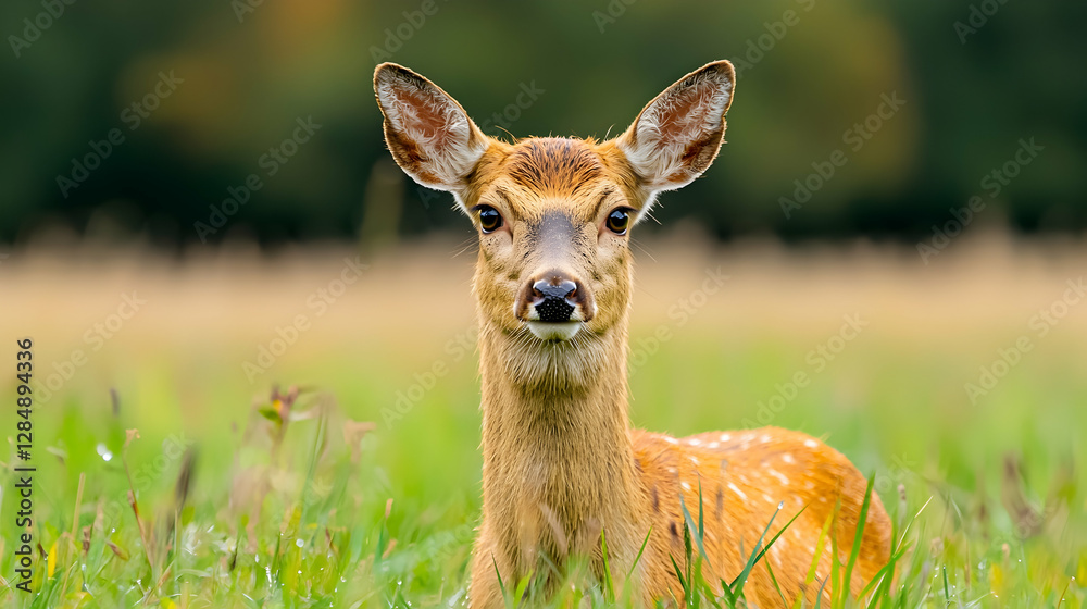 Fototapeta premium Fawn in grassy field, autumn background, wildlife nature
