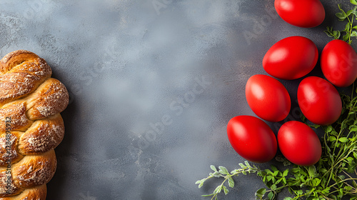 Easter bread, greek tsoureki braid and red easter eggs on table, close up view, copy space