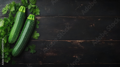 Fresh green zucchini on a black wooden table. Top view. Copy space.