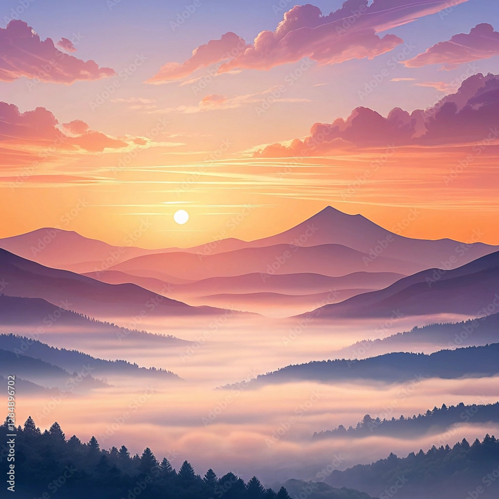 Fototapeta premium Serene sunrise over misty mountain range.