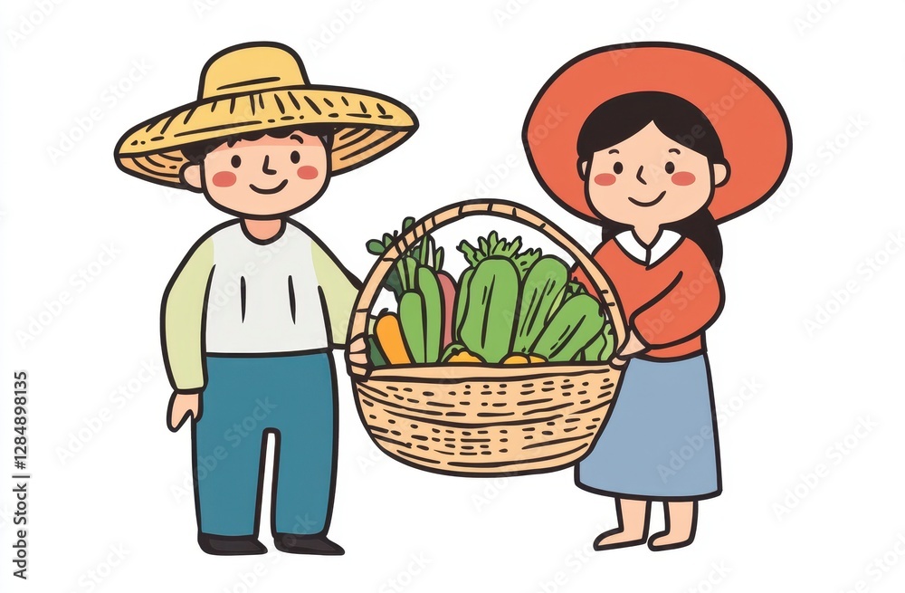 Happy Farmers Couple Holding Basket of Fresh Vegetables Illustration Happy Farmers Couple Holding Basket of Fresh Vegetables Illustration