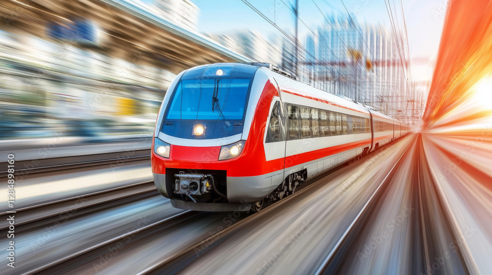 Fototapeta premium Fast moving train captured in motion, showcasing dynamic speed and energy