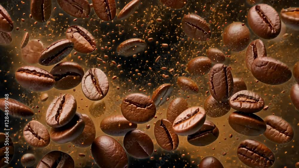 Dynamic coffee beans explosion animated overlay, transparent 4K video, alpha channel, ProRes 4444