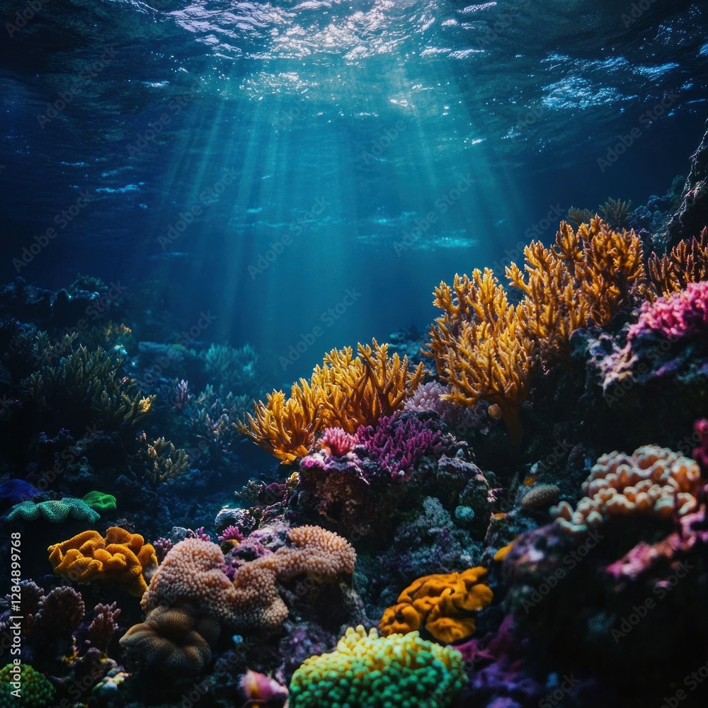 Naklejka premium Underwater coral reef scene, sunbeams illuminating vibrant coral