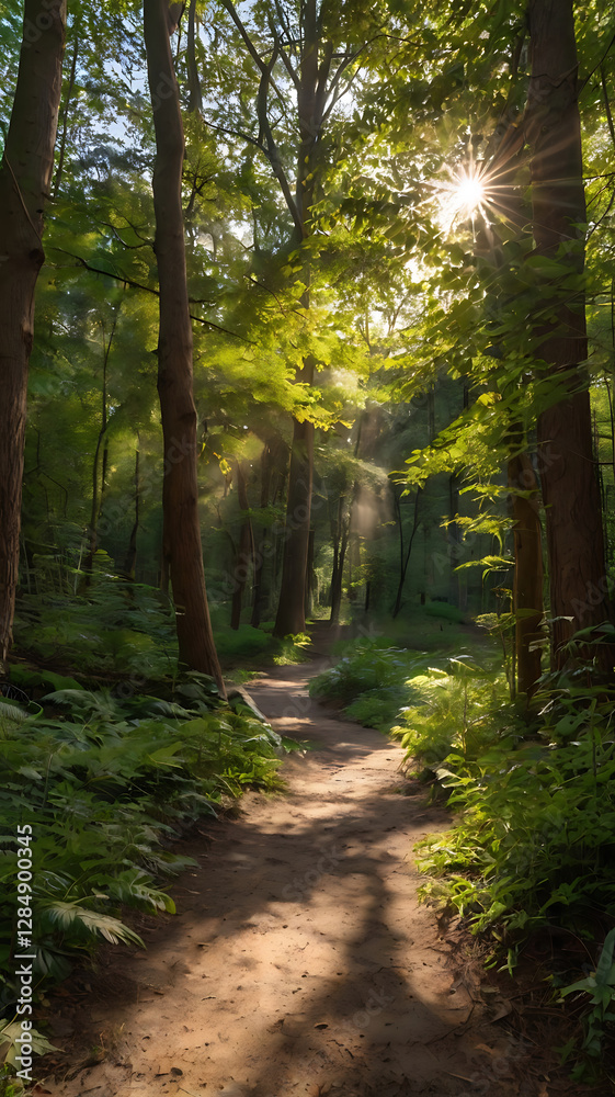Obraz premium Scenic Forest Pathway: Tranquil Morning Nature Walk Under Tree Canopy