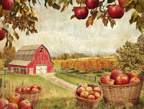 Rustic Red Barn in Autumn Orchard with Apple Baskets