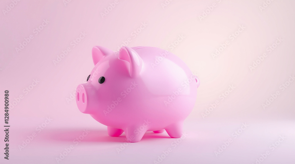 a minimalist and clean style, showcasing a classic pink piggy bank against a solid, soft pink background
