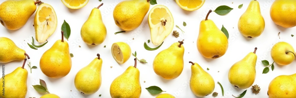 Vibrant pear fruit pattern on white background for packaging design, food, organic Vibrant pear fruit pattern on white background for packaging design, food, organic