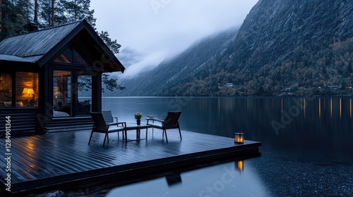 Lakeside cabin, twilight serenity, fjord background, tranquil escape