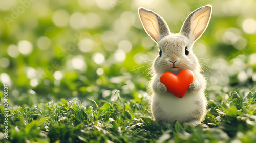 Heartfelt Bunny: A charming, fluffy bunny cradles a vibrant red heart in its paws, set against a backdrop of verdant grass and soft, natural light, radiating warmth and affection.