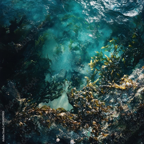 Underwater kelp forest, sunlight streams through, coastal rocky reef photo