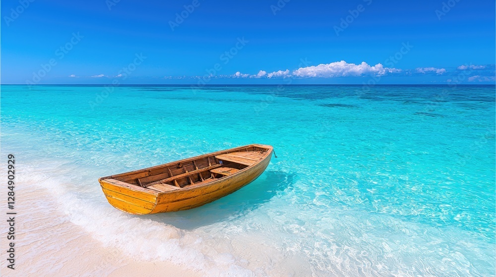 Tranquil beach scene Wooden boat on turquoise water, idyllic island background, perfect for travel brochures Tranquil beach scene Wooden boat on turquoise water, idyllic island background, perfect for travel brochures