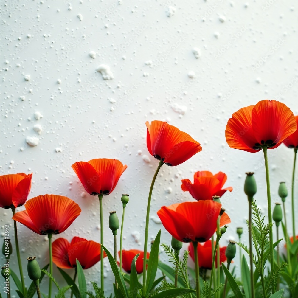 Fototapeta premium Vibrant red poppies contrasting against white snow in summer, flowers, vibrant, snow