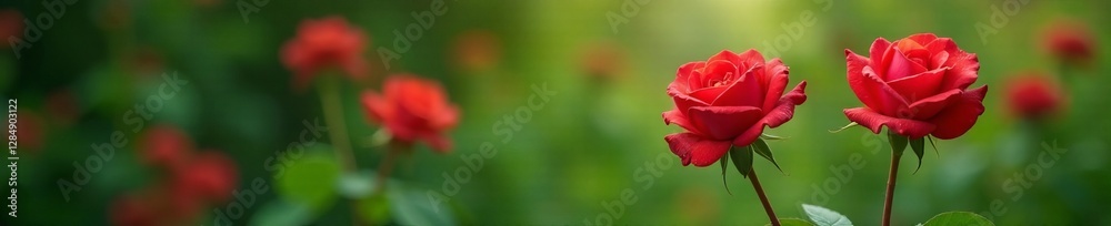 Vibrant red rose blooming in lush green garden with dewdrops, green, blooming Vibrant red rose blooming in lush green garden with dewdrops, green, blooming