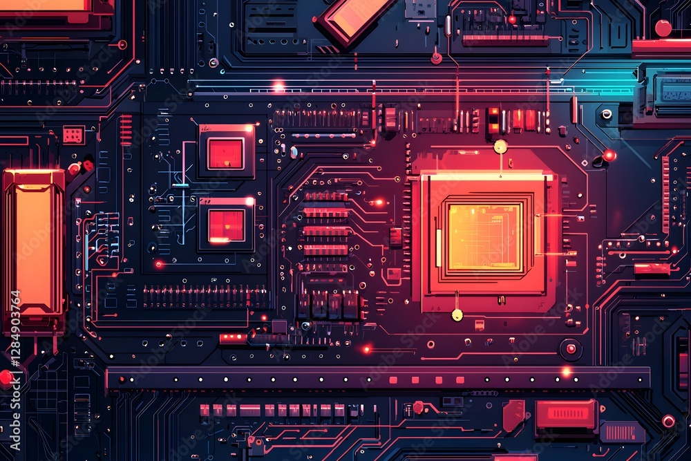 Fototapeta premium Abstract Close up of Circuit Board with Red and Orange Glow High Tech Technology Background