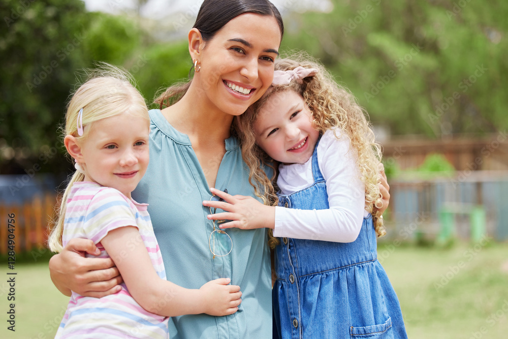 Outdoor, teacher and children with hug for kindergarten, kids growth and relationship development. Support, woman and students in playground for bonding, childhood game and education with embrace Outdoor, teacher and children with hug for kindergarten, kids growth and relationship development. Support, woman and students in playground for bonding, childhood game and education with embrace