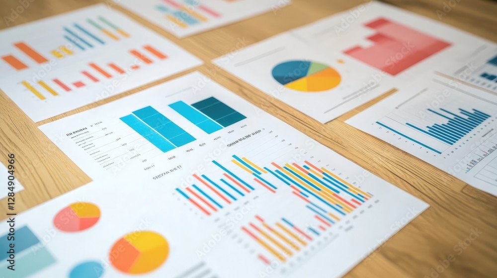 Business intelligence report with advanced pie charts and analytics tools on a wooden desk