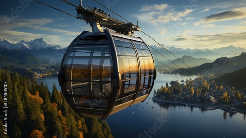A cable car ascending a mountain with panoramic views