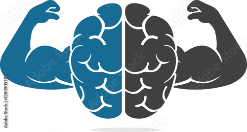 Strong brain vector logo design. Brain, intellect power. Willpower concept. high IQ concept. Brain with strong double biceps. Vector illustration.