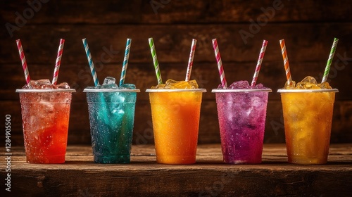 Colorful iced drinks wood background refreshment summer