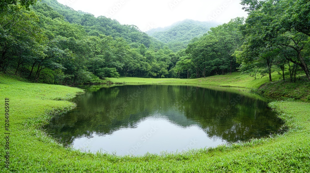 Fototapeta premium Serene pond in lush green valley, misty mountains