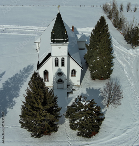 drone aerial photos of the Holy Cross Catholic Church in Keuterville ID on the Camas Prairie 5 miles from Cottonwood