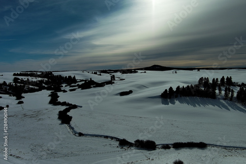 drone photo of camas prairie in Idaho in moonlight 