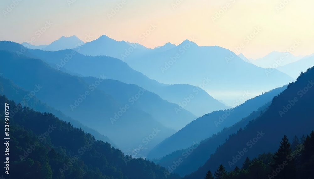 Morning fog slowly lifts to reveal the majestic misty peaks, blue hues, misty mountains, morning Morning fog slowly lifts to reveal the majestic misty peaks, blue hues, misty mountains, morning