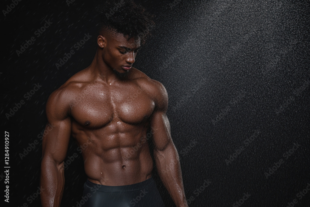 A man with a muscular body is standing in the rain A man with a muscular body is standing in the rain