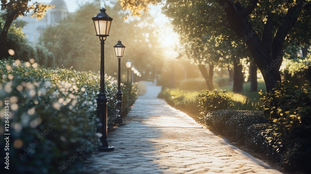Fototapeta premium Elegant garden pathway with classic post-top lamps, creating a welcoming outdoor ambiance