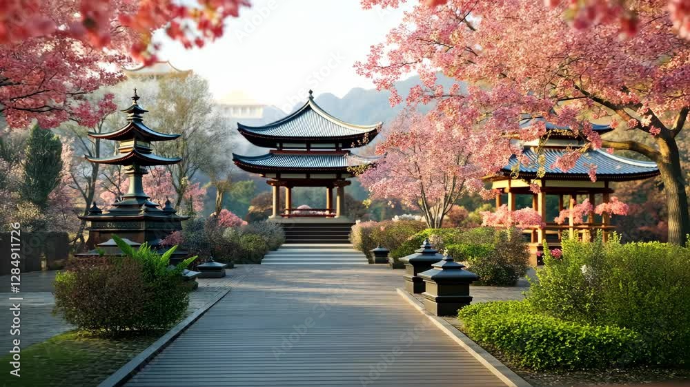 Serene spring walkway in traditional asian garden lined with cherry blossoms Serene spring walkway in traditional asian garden lined with cherry blossoms