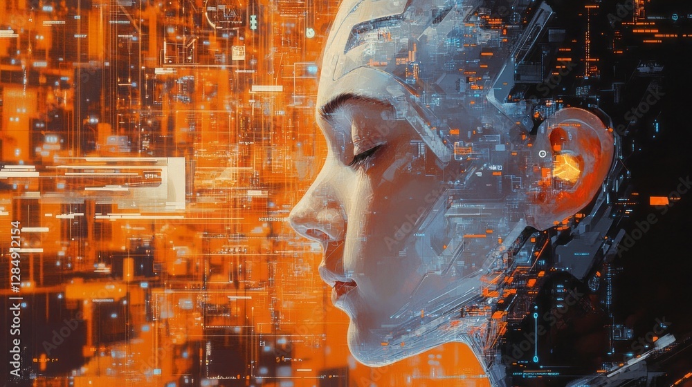 Futuristic female face merges seamlessly with technological data stream Futuristic female face merges seamlessly with technological data stream