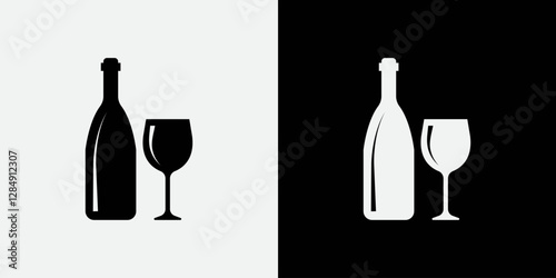 Minimalist Bottle and Glass Vector Illustration for Beverage Branding Alcoholic Drink Icons and Packaging Design Suitable for Wine Champagne and Other Bottled Drinks in a Black and White Silhouette