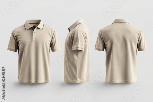 Beige polo shirt displayed in three angles on white background
