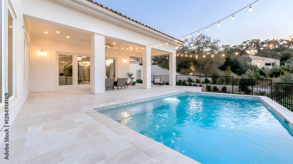 Fototapeta premium Evening poolside patio, luxury home, hilltop view, relaxation