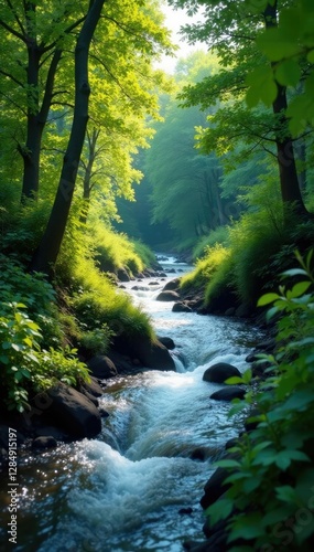 River flowing through a dense thicket of bushes and trees, nature, wildlife