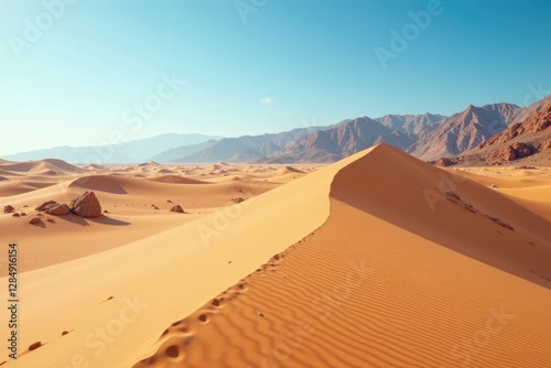 Sandy dunes stretching to the horizon with a few scattered rocks, desert, dryness, mountain