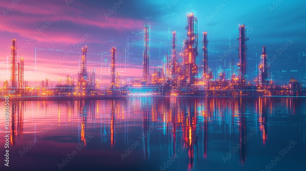 Naklejka premium Refinery or industrial complex reflecting on water with colorful sky