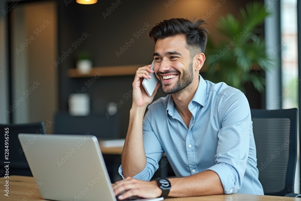 Man is smiling while talking on his cell phone Man is smiling while talking on his cell phone