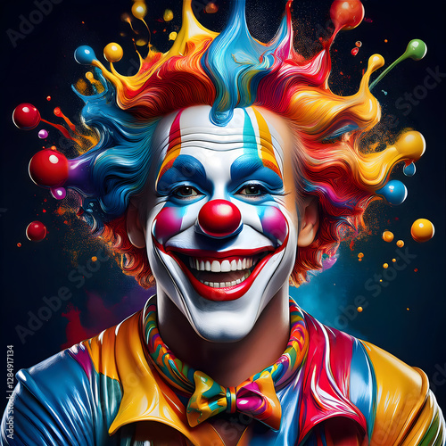 digital artwork of a smiling male clown made of liquid color, black background
