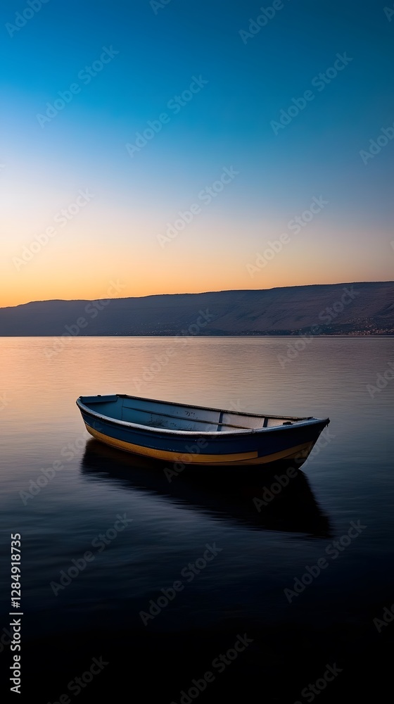 A Lonely Rowboat Floating on Calm Waters at Sunset A Lonely Rowboat Floating on Calm Waters at Sunset