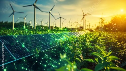 Renewable energy landscape featuring solar panels and wind turbines