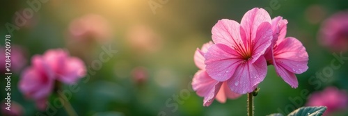 Soft pink geranium petals glistening with dew on a morning misty garden scene, , flowers, flower details