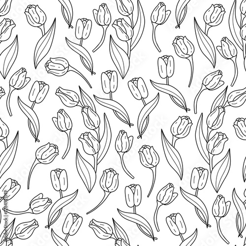 Seamless Pattern Outline Tulips Spring Flower