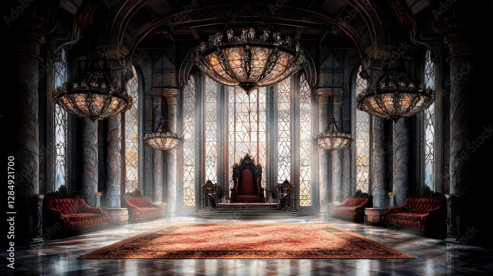 Fototapeta premium Majestic Throne Room Fantasy Palace Interior Ornate Chandeliers Royal Setting Elegan