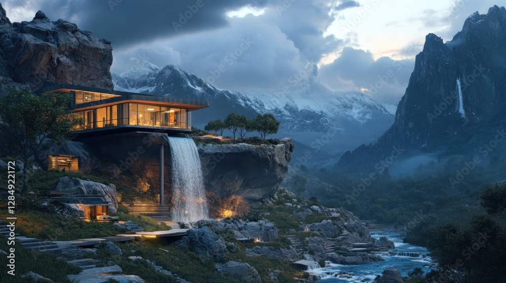Fototapeta premium Mountaintop Waterfall Villa: A Serene Escape